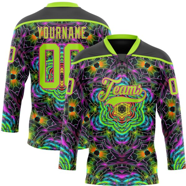Custom Black Neon Green-Hot Pink Trippy Psychedelic Geometric Hockey Lace Neck Jersey
