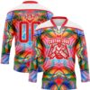 Custom White Fire Red Green Blue-Yellow Trippy Psychedelic Geometric Hockey Lace Neck Jersey