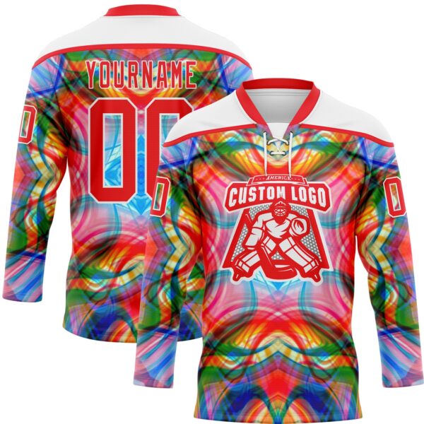 Custom White Fire Red Green Blue-Yellow Trippy Psychedelic Geometric Hockey Lace Neck Jersey