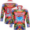 Custom White Fire Red Green Blue-Yellow Trippy Psychedelic Geometric Hockey Lace Neck Jersey
