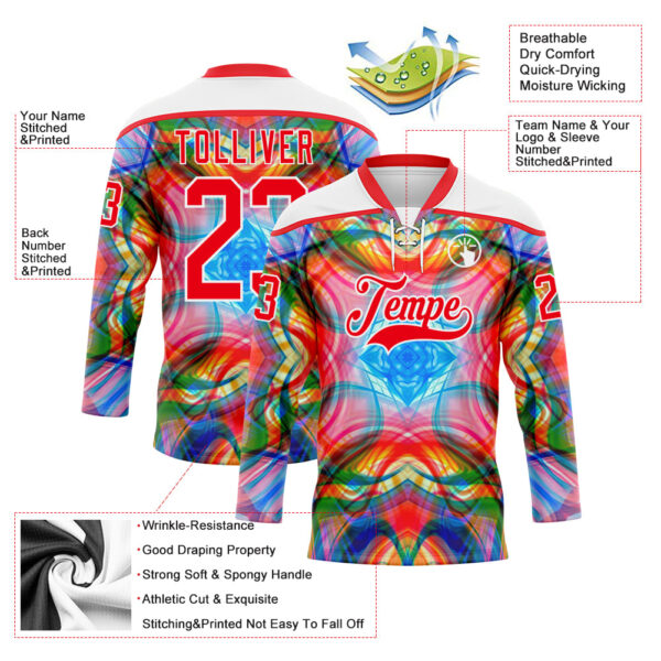 Custom White Fire Red Green Blue-Yellow Trippy Psychedelic Geometric Hockey Lace Neck Jersey