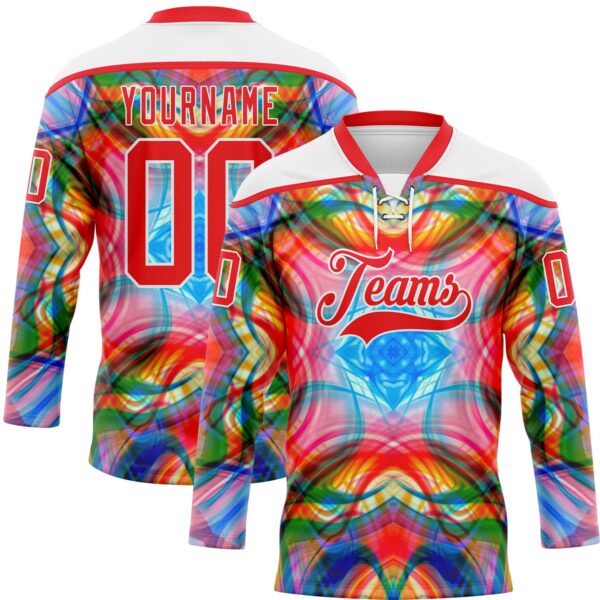 Custom White Fire Red Green Blue-Yellow Trippy Psychedelic Geometric Hockey Lace Neck Jersey