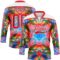 Custom White Fire Red Green Blue-Yellow Trippy Psychedelic Geometric Hockey Lace Neck Jersey