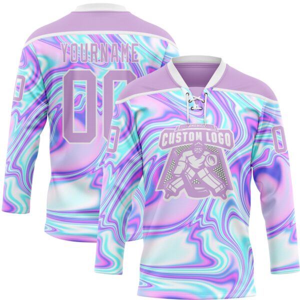 Custom Light Purple Pink Blue-White Trippy Psychedelic Fluid Trendy Holographic Vaporwave Style Hockey Lace Neck Jersey