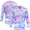 Custom Light Purple Pink Blue-White Trippy Psychedelic Fluid Trendy Holographic Vaporwave Style Hockey Lace Neck Jersey