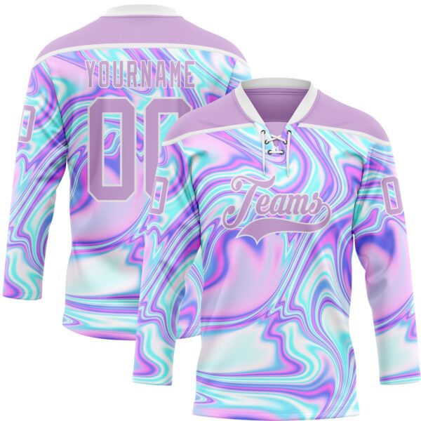 Custom Light Purple Pink Blue-White Trippy Psychedelic Fluid Trendy Holographic Vaporwave Style Hockey Lace Neck Jersey