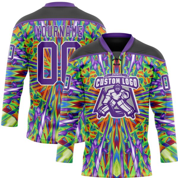Custom Black Purple Green Orange-White Trippy Psychedelic Geometric Hockey Lace Neck Jersey