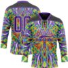 Custom Black Purple Green Orange-White Trippy Psychedelic Geometric Hockey Lace Neck Jersey