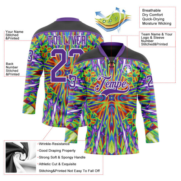 Custom Black Purple Green Orange-White Trippy Psychedelic Geometric Hockey Lace Neck Jersey
