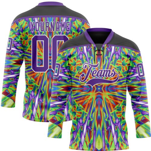 Custom Black Purple Green Orange-White Trippy Psychedelic Geometric Hockey Lace Neck Jersey