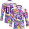 Custom White Purple Yellow Pink-Blue Trippy Psychedelic Fluid Hockey Lace Neck Jersey