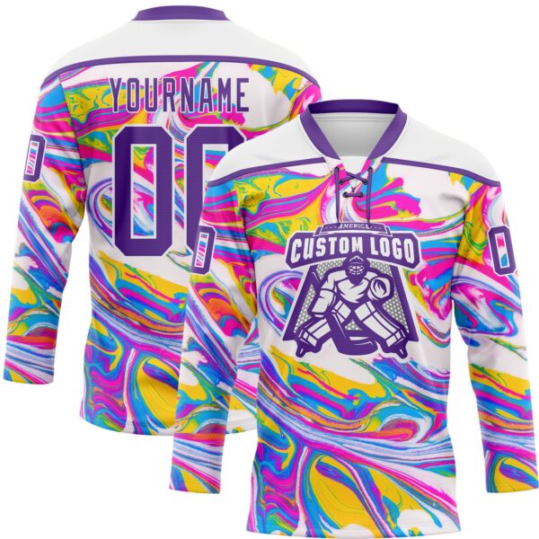 Custom White Purple Yellow Pink-Blue Trippy Psychedelic Fluid Hockey Lace Neck Jersey