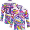 Custom White Purple Yellow Pink-Blue Trippy Psychedelic Fluid Hockey Lace Neck Jersey
