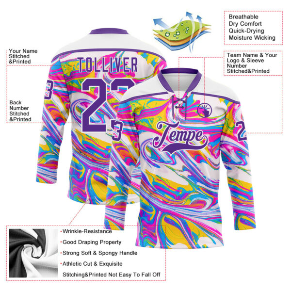 Custom White Purple Yellow Pink-Blue Trippy Psychedelic Fluid Hockey Lace Neck Jersey