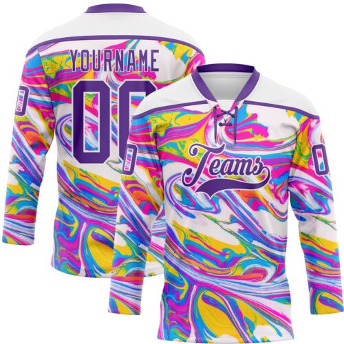 Custom White Purple Yellow Pink-Blue Trippy Psychedelic Fluid Hockey Lace Neck Jersey
