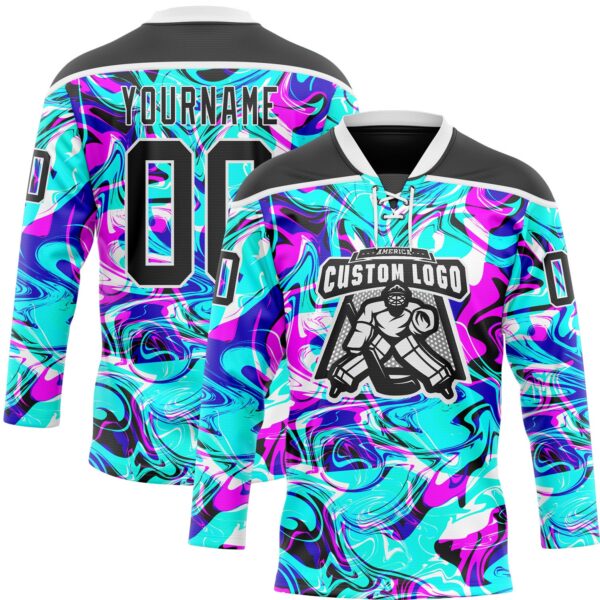Custom Blue Black Deep Pink-White Trippy Psychedelic Fluid Hockey Lace Neck Jersey