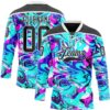 Custom Blue Black Deep Pink-White Trippy Psychedelic Fluid Hockey Lace Neck Jersey