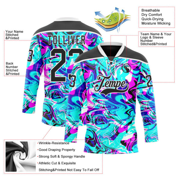 Custom Blue Black Deep Pink-White Trippy Psychedelic Fluid Hockey Lace Neck Jersey