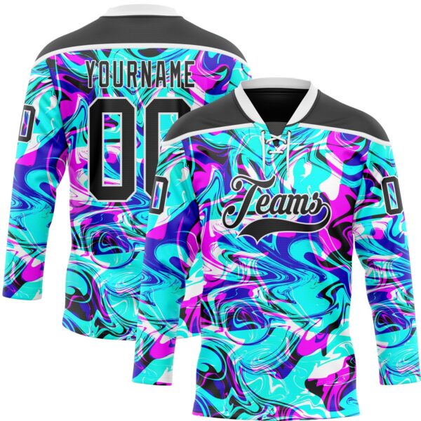 Custom Blue Black Deep Pink-White Trippy Psychedelic Fluid Hockey Lace Neck Jersey