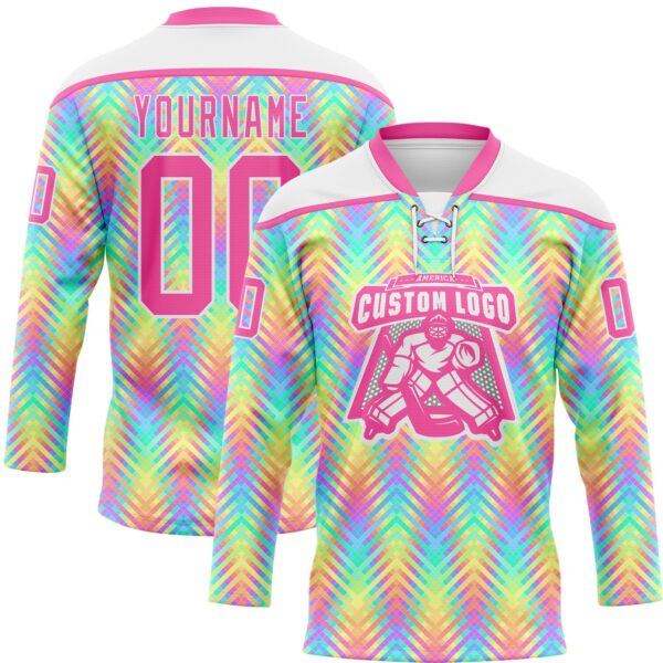Custom White Pink Green Yellow-Purple Trippy Psychedelic Neon Hockey Lace Neck Jersey