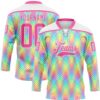 Custom White Pink Green Yellow-Purple Trippy Psychedelic Neon Hockey Lace Neck Jersey
