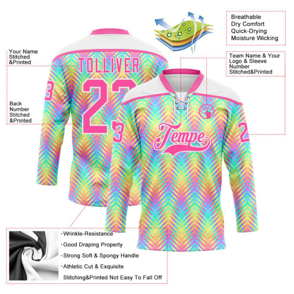 Custom White Pink Green Yellow-Purple Trippy Psychedelic Neon Hockey Lace Neck Jersey