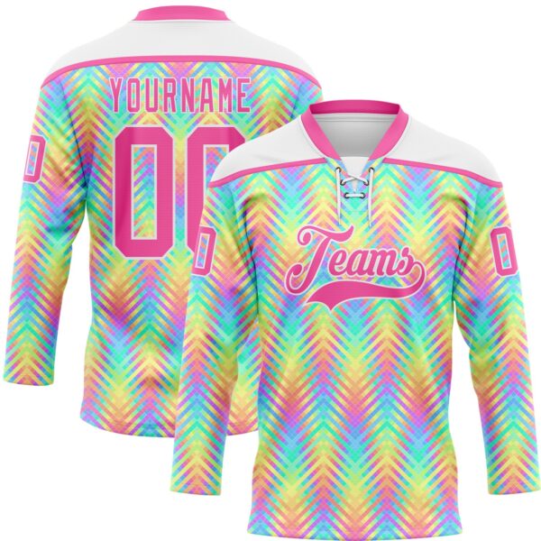 Custom White Pink Green Yellow-Purple Trippy Psychedelic Neon Hockey Lace Neck Jersey