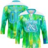 Custom Green Lakes Blue-White Trippy Psychedelic Geometric Hockey Lace Neck Jersey