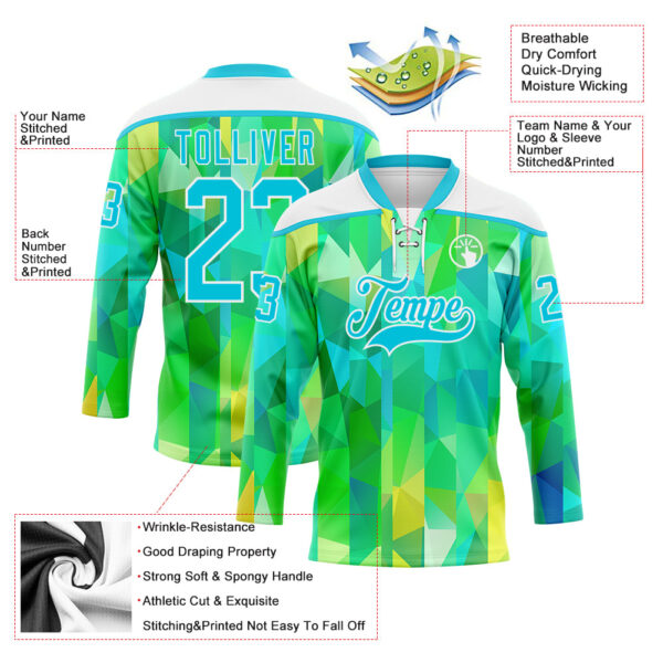 Custom Green Lakes Blue-White Trippy Psychedelic Geometric Hockey Lace Neck Jersey