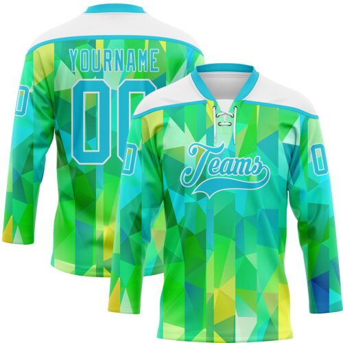 Custom Green Lakes Blue-White Trippy Psychedelic Geometric Hockey Lace Neck Jersey