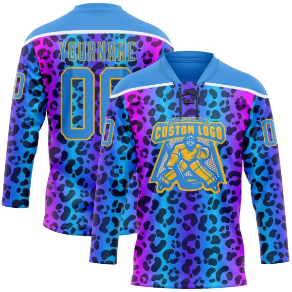 Custom Powder Blue Pink Gold-White Leopard Print Neon Hockey Lace Neck Jersey