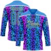Custom Powder Blue Pink Gold-White Leopard Print Neon Hockey Lace Neck Jersey