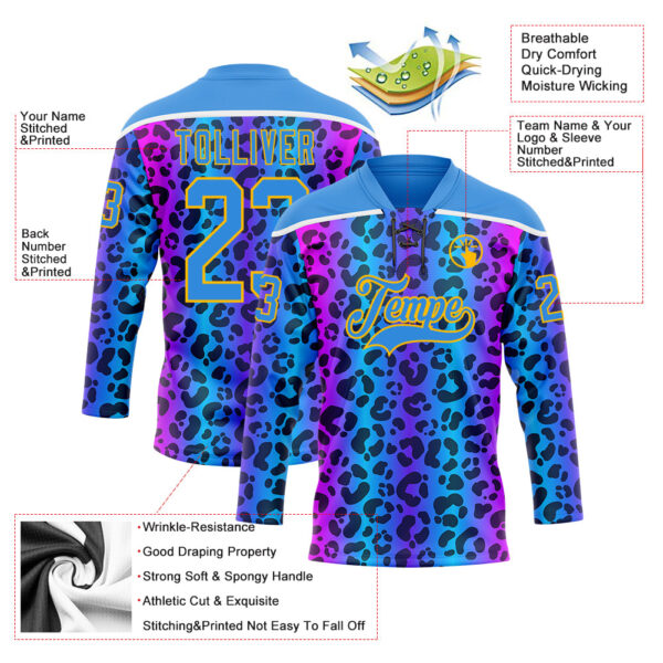 Custom Powder Blue Pink Gold-White Leopard Print Neon Hockey Lace Neck Jersey