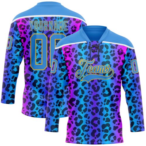 Custom Powder Blue Pink Gold-White Leopard Print Neon Hockey Lace Neck Jersey