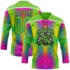 Custom Aurora Green Pink Black-White Leopard Print Neon Hockey Lace Neck Jersey
