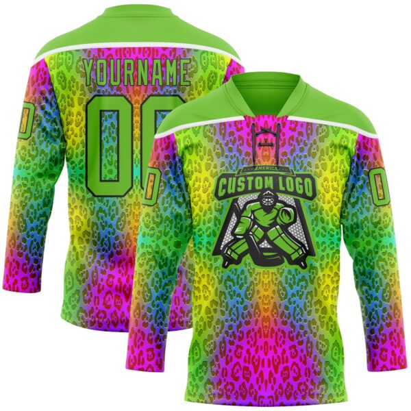 Custom Aurora Green Pink Black-White Leopard Print Neon Hockey Lace Neck Jersey
