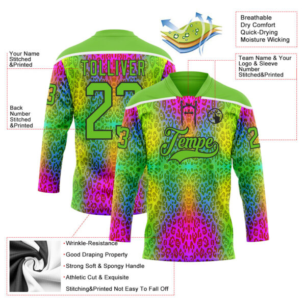 Custom Aurora Green Pink Black-White Leopard Print Neon Hockey Lace Neck Jersey