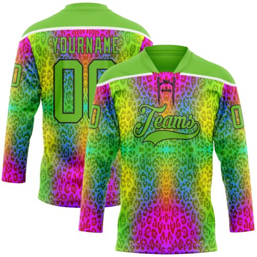 Custom Aurora Green Pink Black-White Leopard Print Neon Hockey Lace Neck Jersey