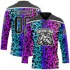 Custom Pink Black Blue-White Leopard Print Neon Hockey Lace Neck Jersey