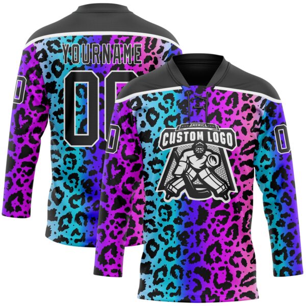 Custom Pink Black Blue-White Leopard Print Neon Hockey Lace Neck Jersey