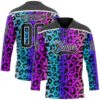 Custom Pink Black Blue-White Leopard Print Neon Hockey Lace Neck Jersey
