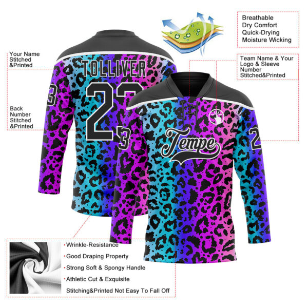Custom Pink Black Blue-White Leopard Print Neon Hockey Lace Neck Jersey