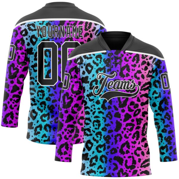 Custom Pink Black Blue-White Leopard Print Neon Hockey Lace Neck Jersey
