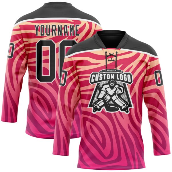Custom Pink Black-White Zebra Print Hockey Lace Neck Jersey
