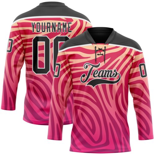 Custom Pink Black-White Zebra Print Hockey Lace Neck Jersey