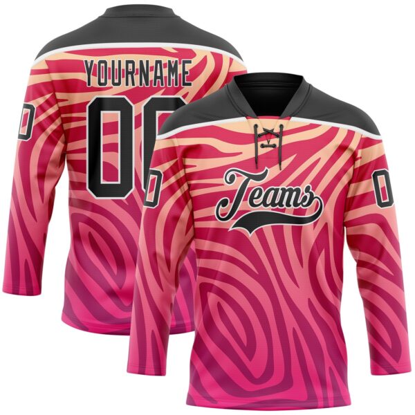 Custom Pink Black-White Zebra Print Hockey Lace Neck Jersey