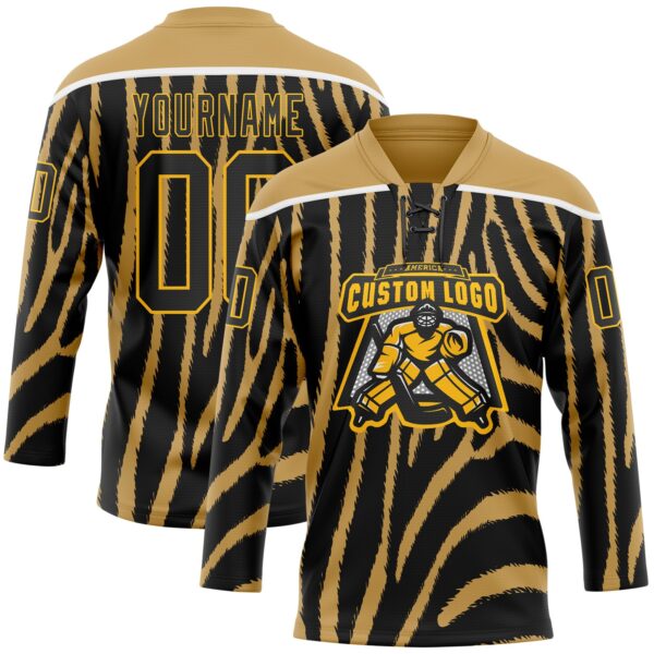 Custom Old Gold Black Gold-White Zebra Print Hockey Lace Neck Jersey