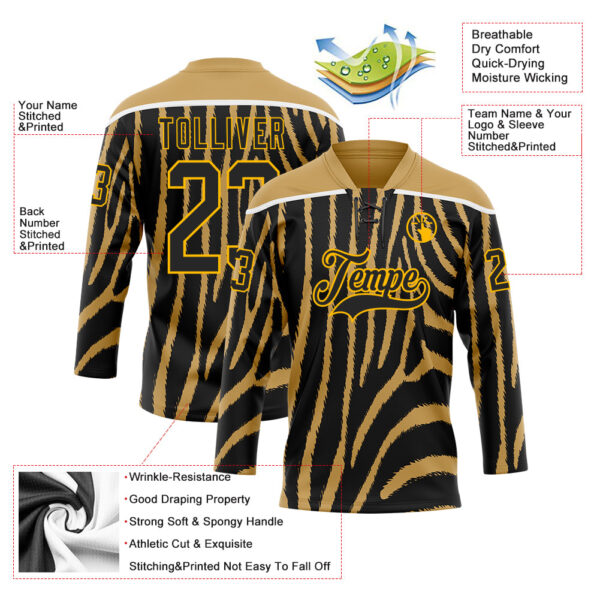 Custom Old Gold Black Gold-White Zebra Print Hockey Lace Neck Jersey