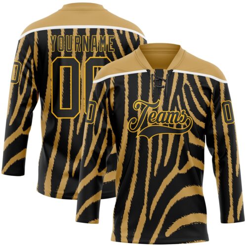 Custom Old Gold Black Gold-White Zebra Print Hockey Lace Neck Jersey