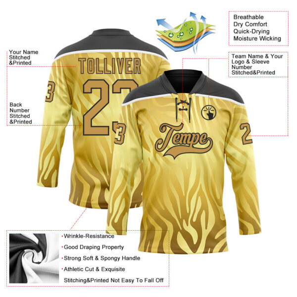 Custom Yellow Old Gold Black-White Zebra Print Hockey Lace Neck Jersey